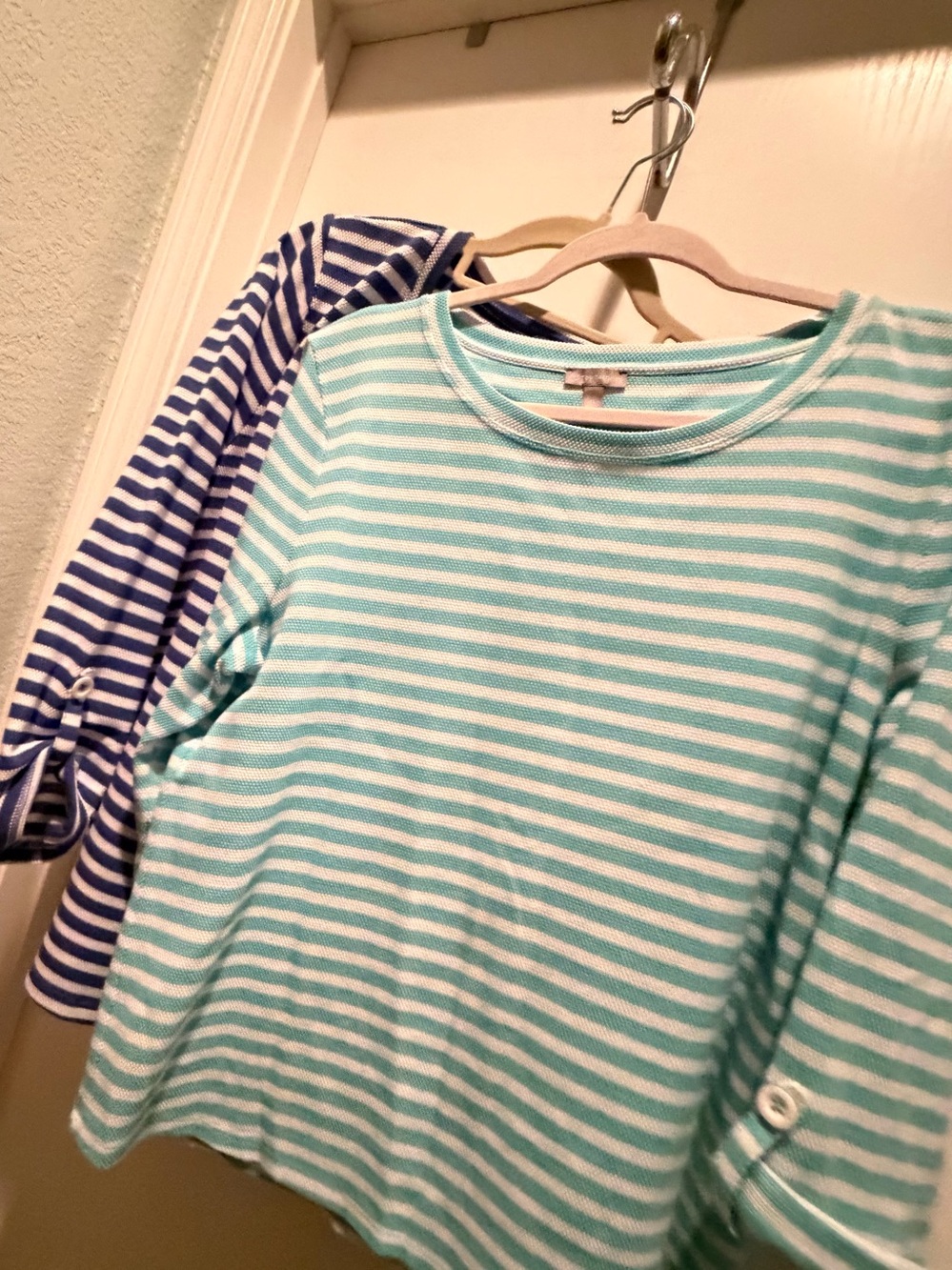 T by Talbots Woman’s Aqua & White , & blue & white striped tees! Lot of 2!